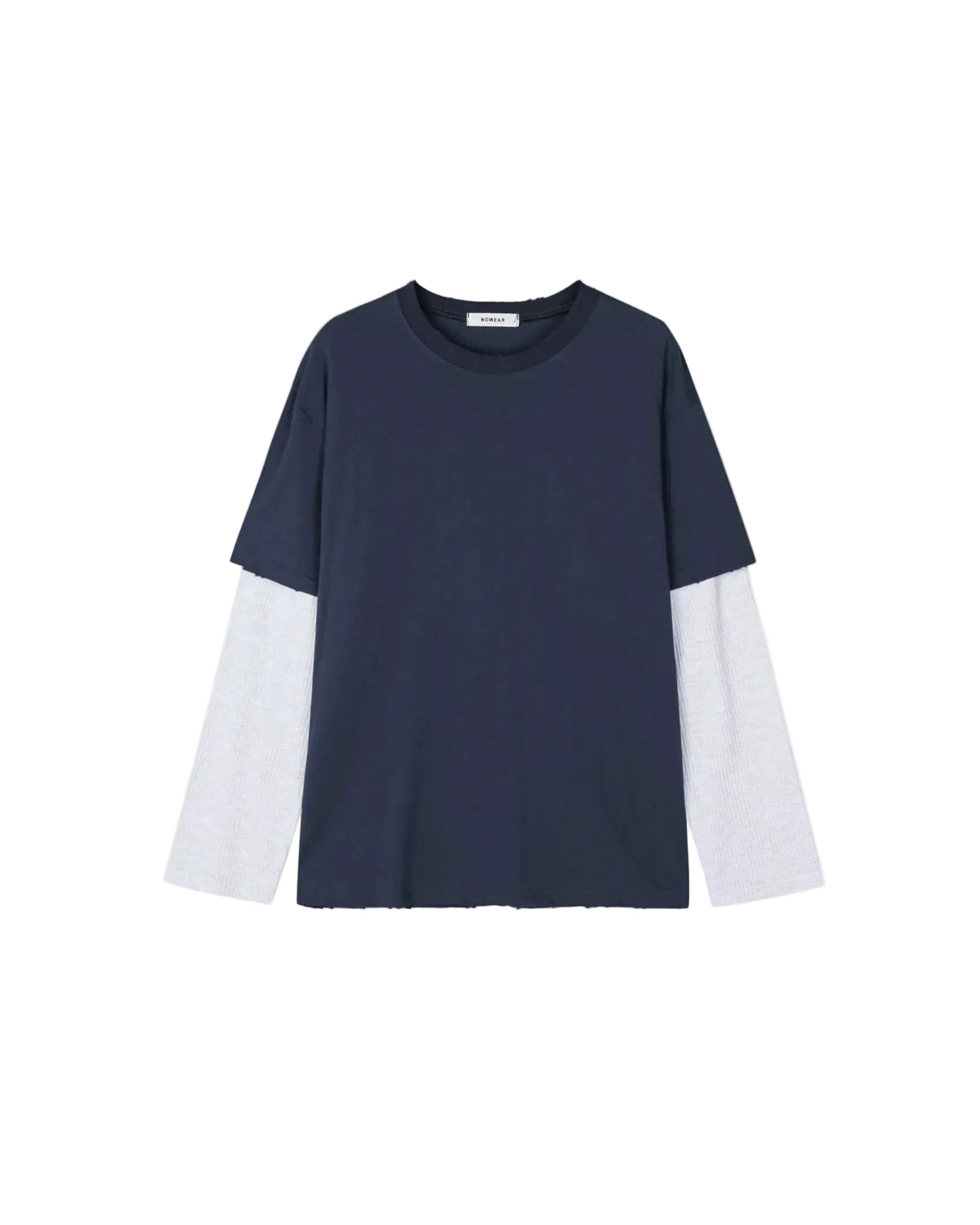 A color-blocked long-sleeve t-shirt with a dark navy blue body and contrasting light gray sleeves, displayed flat against a light gray background.
